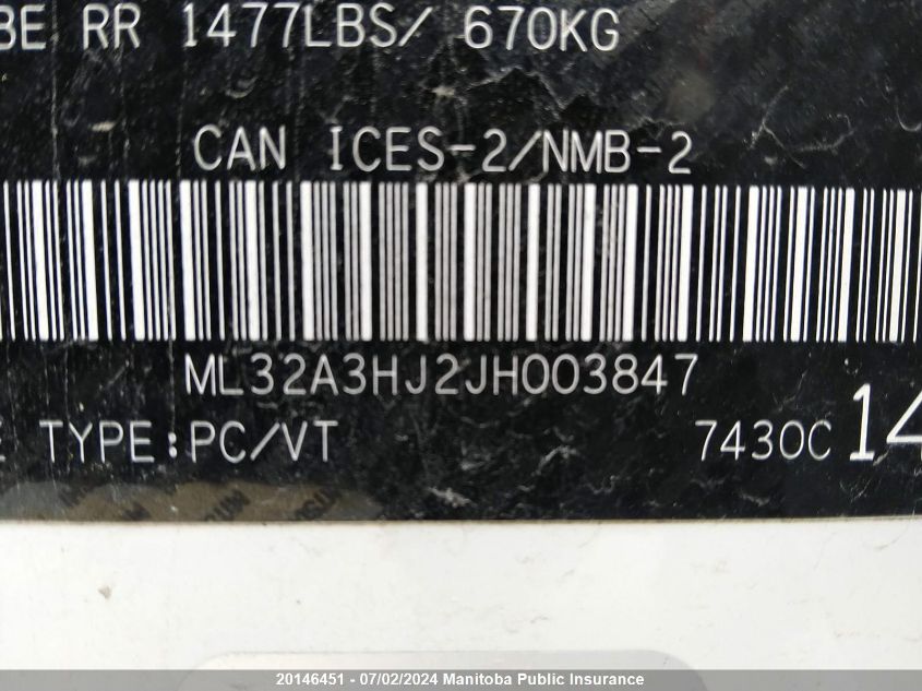 2018 Mitsubishi Mirage Es VIN: ML32A3HJ2JH003847 Lot: 20146451