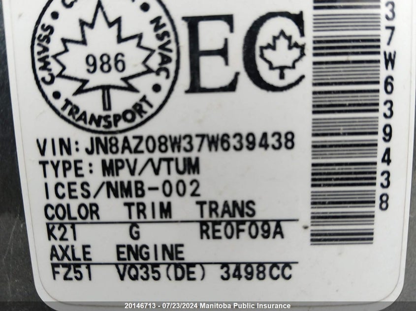 2007 Nissan Murano Se VIN: JN8AZ08W37W639438 Lot: 20146713