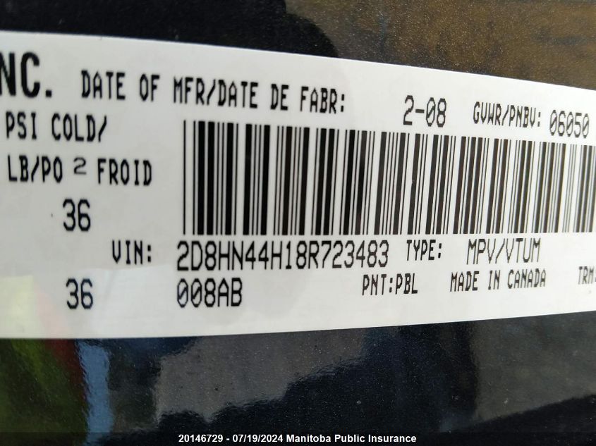 2008 Dodge Grand Caravan Se VIN: 2D8HN44H18R723483 Lot: 20146729