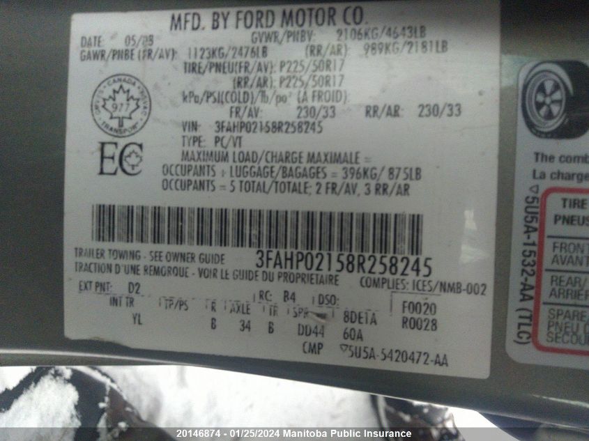 3FAHP02158R258245 2008 Ford Fusion Sel V6