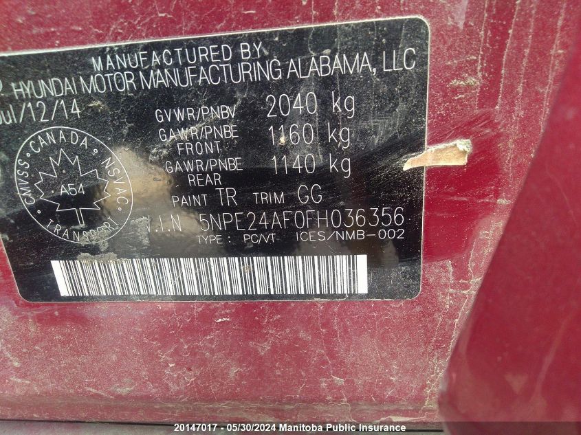 2015 Hyundai Sonata Gls VIN: 5NPE24AF0FH036356 Lot: 20147017