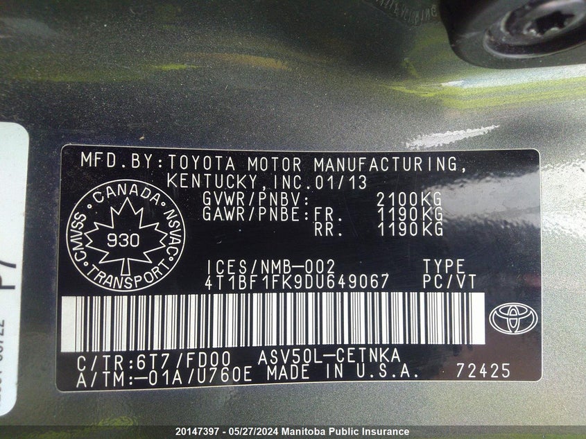 2013 Toyota Camry Le VIN: 4T1BF1FK9DU649067 Lot: 20147397