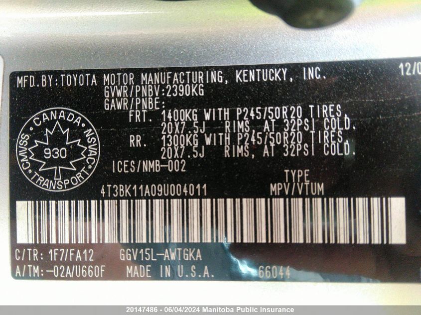 2009 Toyota Venza V6 VIN: 4T3BK11A09U004011 Lot: 20147486