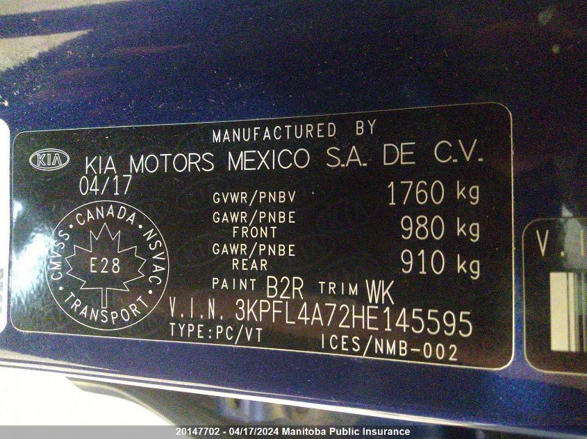 2017 Kia Forte Lx VIN: 3KPFL4A72HE145595 Lot: 20147702