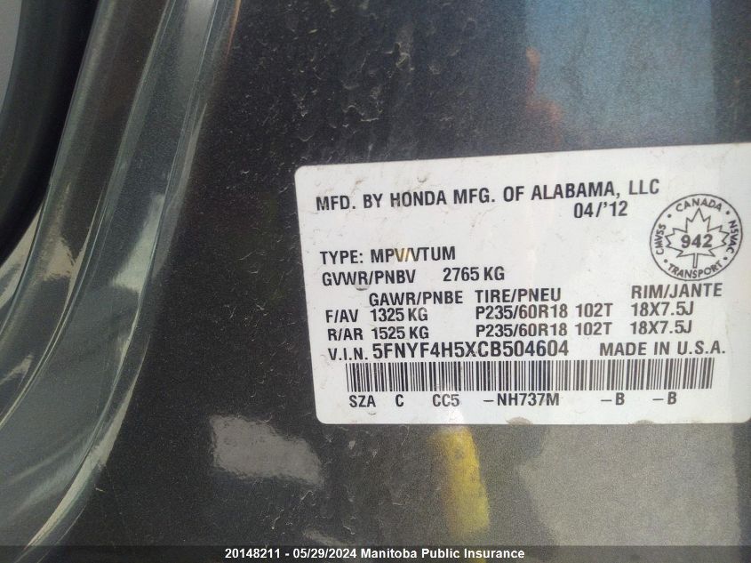 2012 Honda Pilot Ex-L VIN: 5FNYF4H5XCB504604 Lot: 20148211