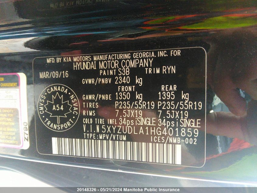 2017 Hyundai Santa Fe Sport 2.0T Se VIN: 5XYZUDLA1HG401859 Lot: 20148326