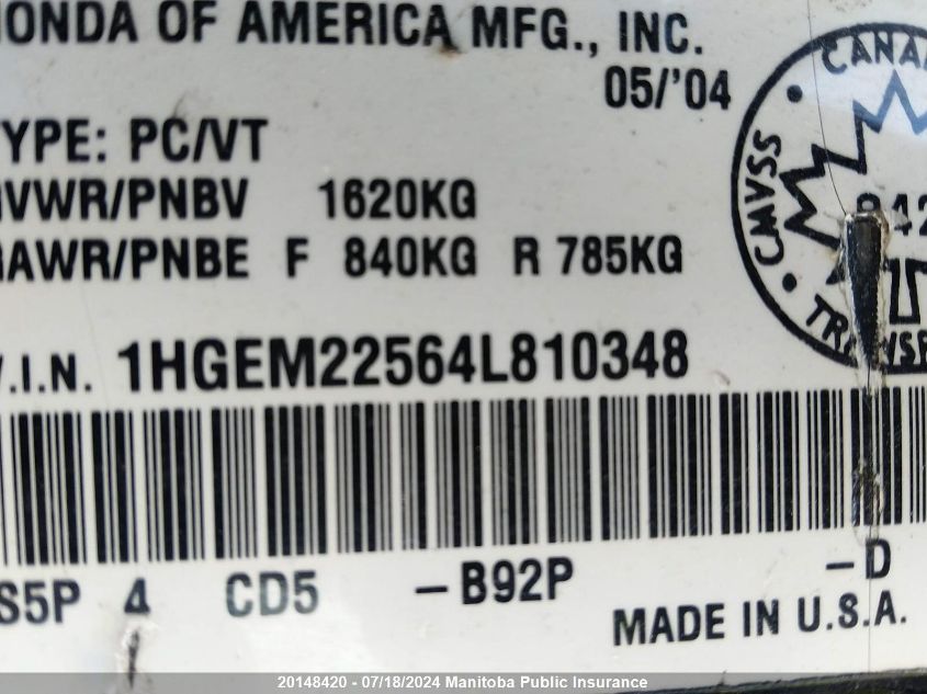 2004 Honda Civic Lx VIN: 1HGEM22564L810348 Lot: 20148420