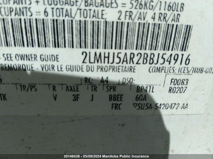 2011 Lincoln Mkt VIN: 2LMHJ5AR2BBJ54916 Lot: 20148438