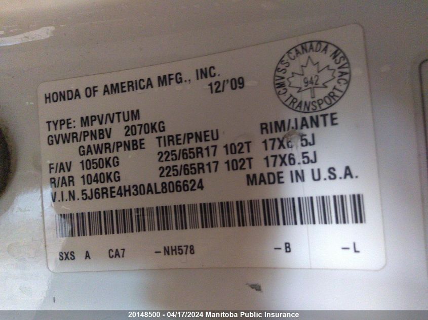 2010 Honda Cr-V Lx VIN: 5J6RE4H30AL806624 Lot: 20148500