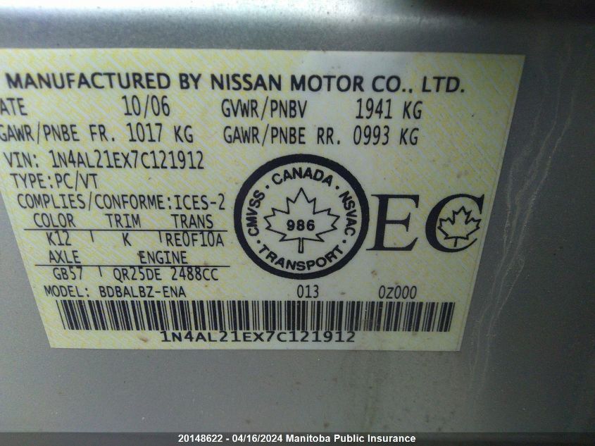 2007 Nissan Altima 2.5 S VIN: 1N4AL21EX7C121912 Lot: 20148622