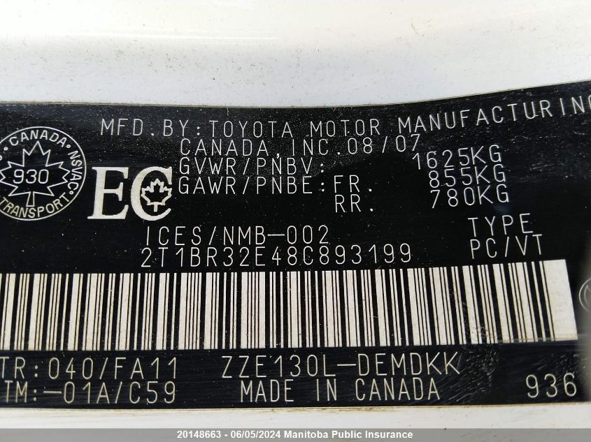 2008 Toyota Corolla Ce VIN: 2T1BR32E48C893199 Lot: 20148663