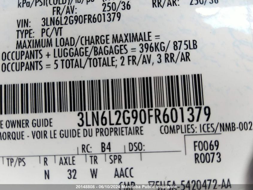 2015 Lincoln Mkz VIN: 3LN6L2G90FR601379 Lot: 20148808