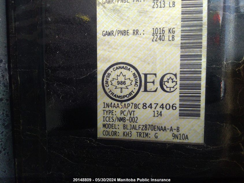 2011 Nissan Maxima 3.5 Sv VIN: 1N4AA5AP7BC847406 Lot: 20148809