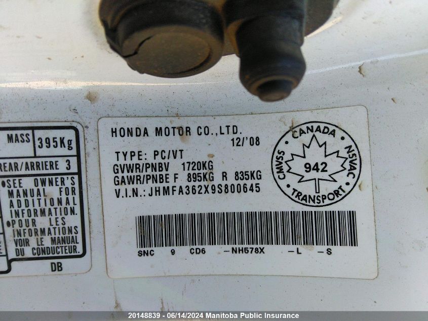 2009 Honda Civic Hybrid VIN: JHMFA362X9S800645 Lot: 20148839