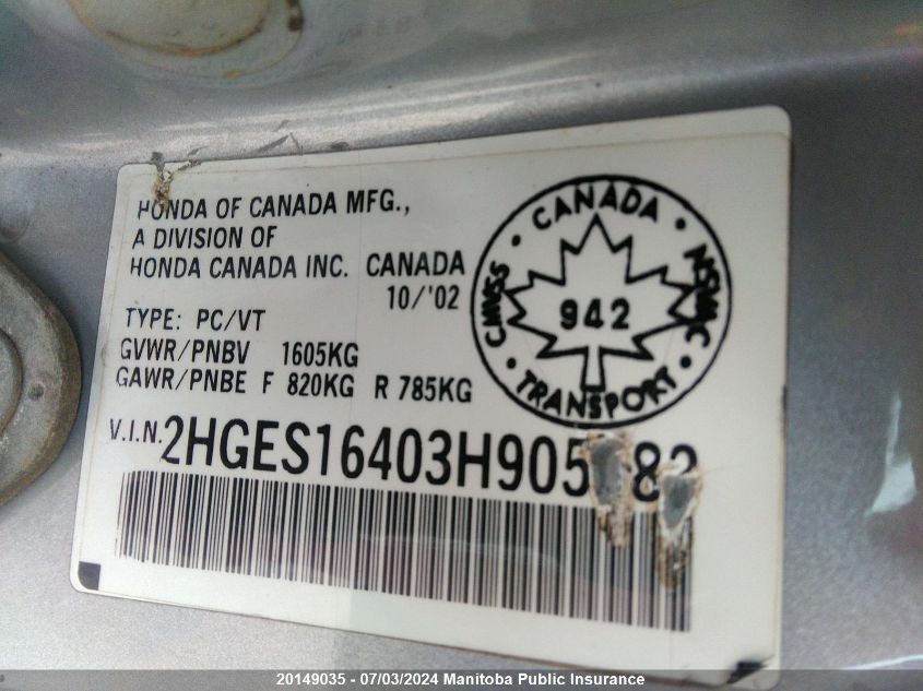 2003 Honda Civic Dx VIN: 2HGES16403H905582 Lot: 20149035