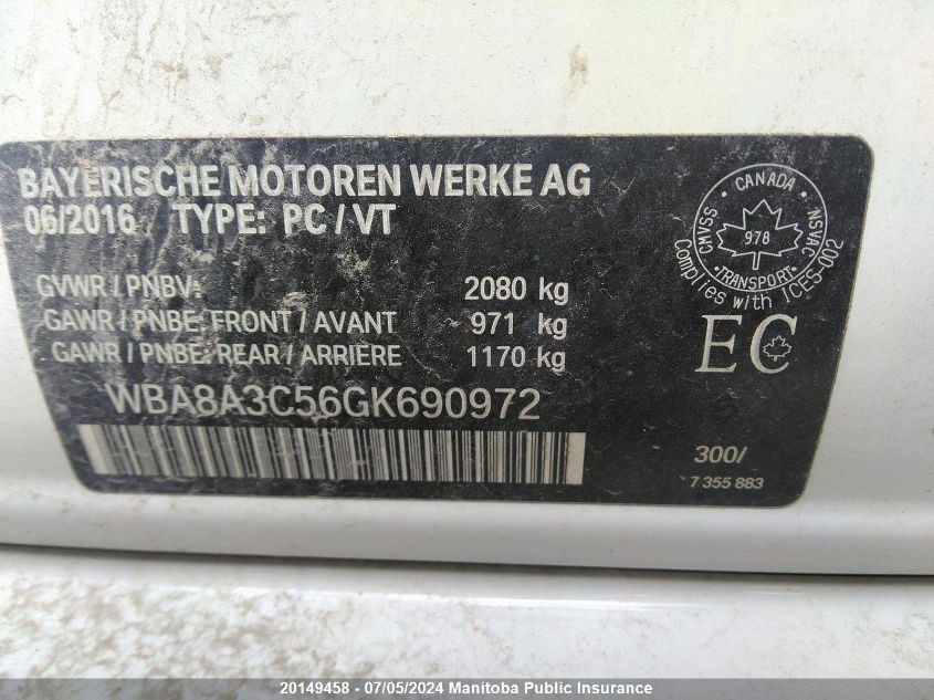 2016 BMW 320 Xi VIN: WBA8A3C56GK690972 Lot: 20149458