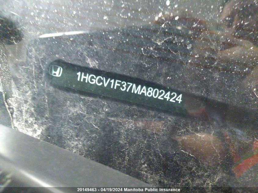 2021 Honda Accord Sport VIN: 1HGCV1F37MA802424 Lot: 39241499