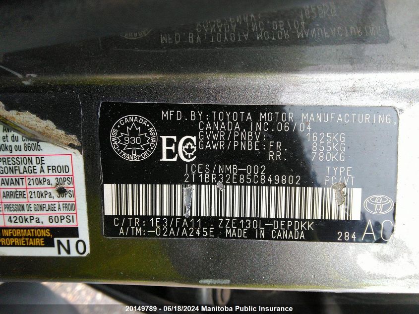 2005 Toyota Corolla Ce VIN: 2T1BR32E85C849802 Lot: 20149789