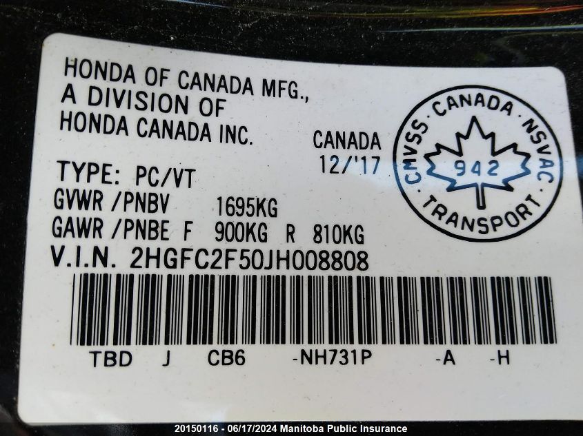 2018 Honda Civic Lx VIN: 2HGFC2F50JH008808 Lot: 20150116