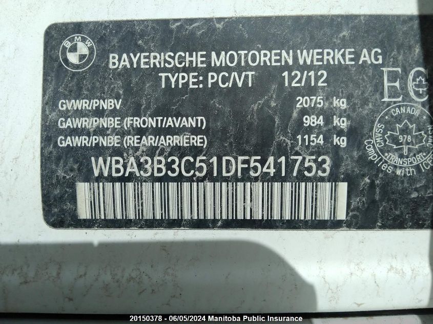 2013 BMW 328I xDrive VIN: WBA3B3C51DF541753 Lot: 20150378