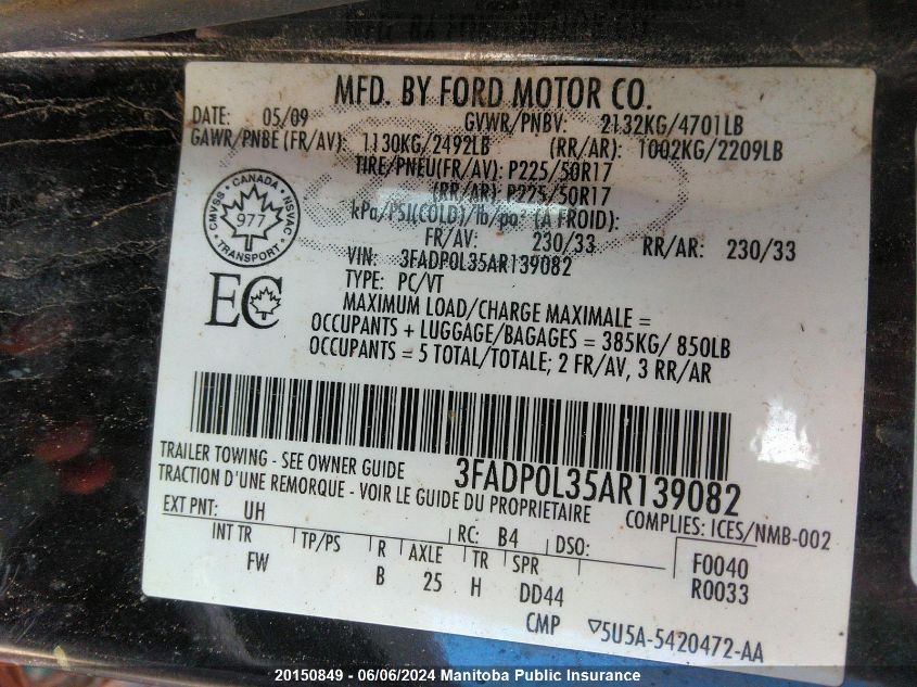 2010 Ford Fusion Hybrid VIN: 3FADP0L35AR139082 Lot: 20150849