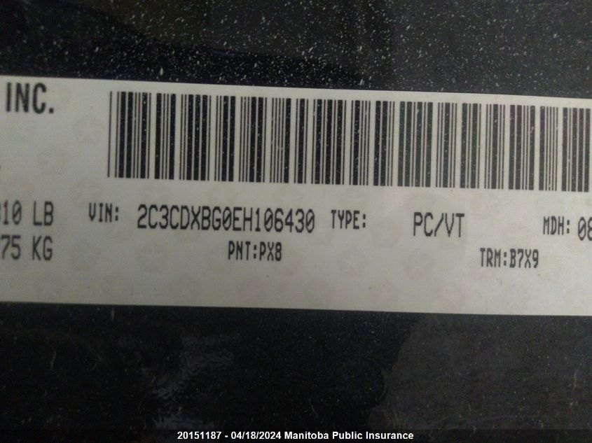 2014 Dodge Charger Se VIN: 2C3CDXBG0EH106430 Lot: 20151187