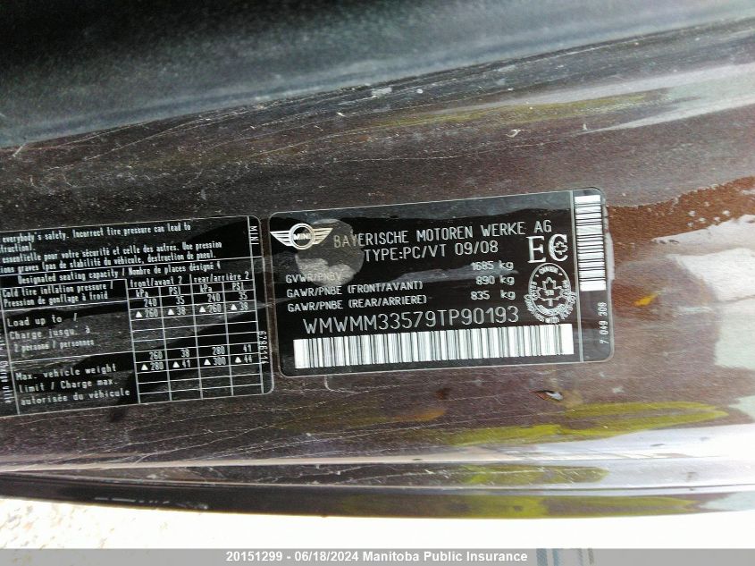 2009 Mini Cooper S Clubman VIN: WMWMM33579TP90193 Lot: 20151299