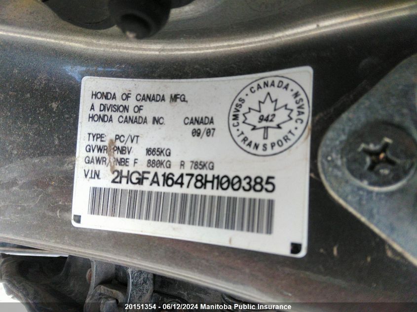 2008 Honda Civic Ex VIN: 2HGFA16478H100385 Lot: 20151354