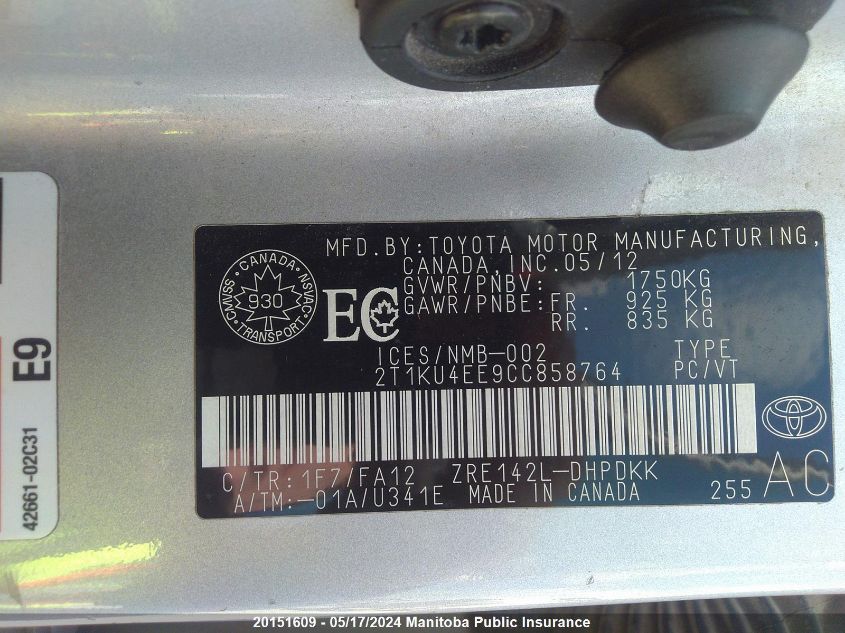 2012 Toyota Matrix VIN: 2T1KU4EE9CC858764 Lot: 20151609