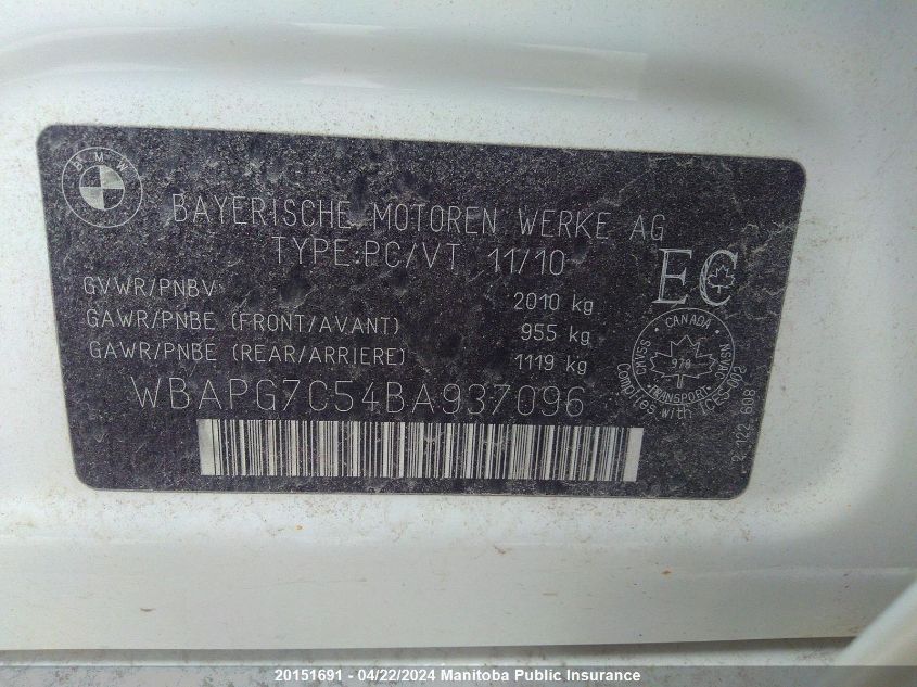2011 BMW 323I VIN: WBAPG7C54BA937096 Lot: 39241501