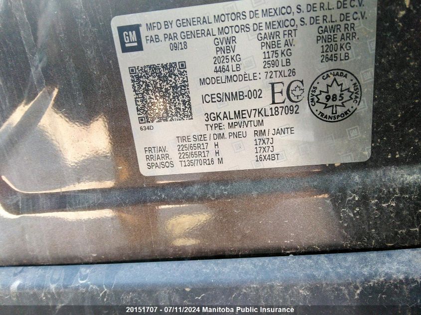 2019 GMC Terrain Sle VIN: 3GKALMEV7KL187092 Lot: 20151707