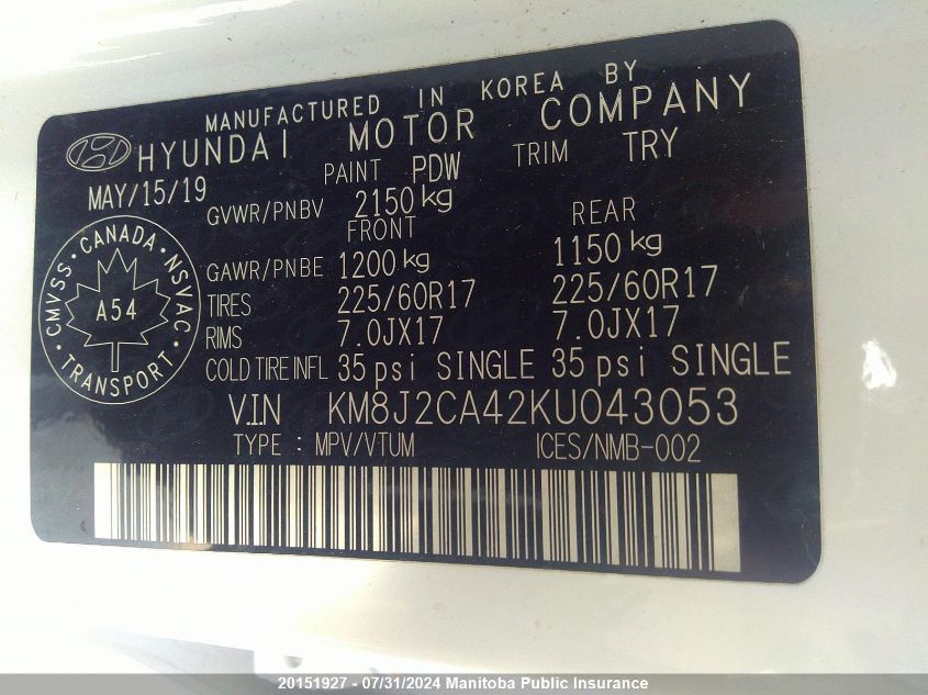 2019 Hyundai Tucson Essential VIN: KM8J2CA42KU043053 Lot: 20151927