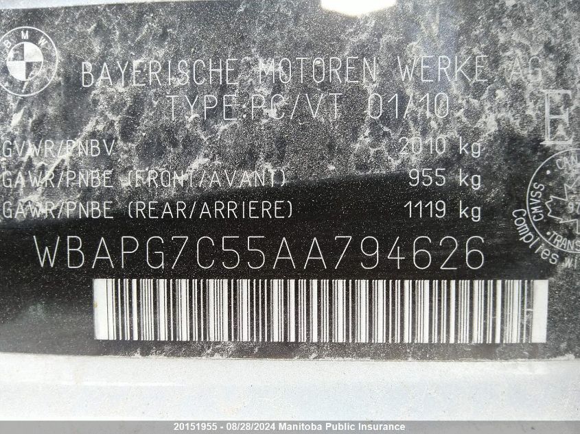 2010 BMW 323I VIN: WBAPG7C55AA794626 Lot: 20151955