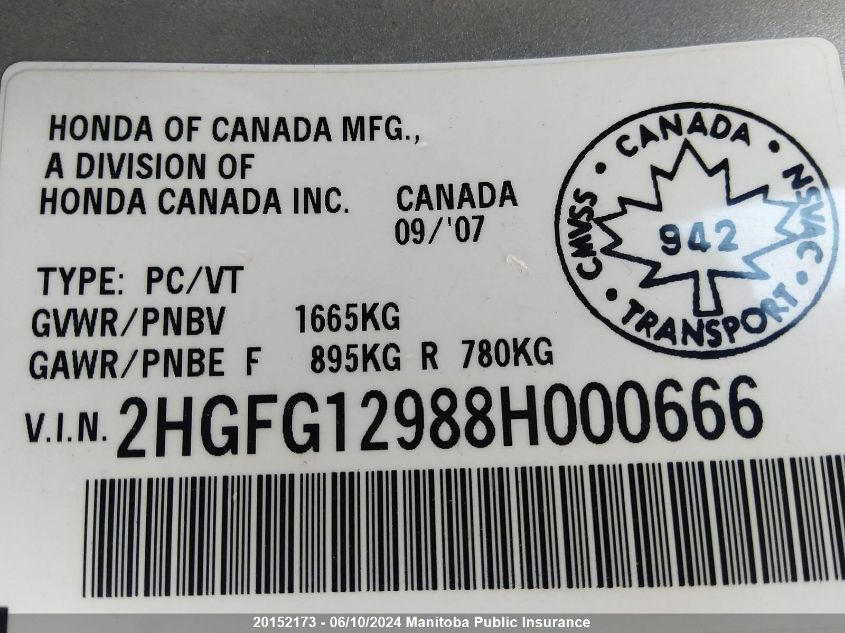 2008 Honda Civic Ex-L VIN: 2HGFG12988H000666 Lot: 20152173