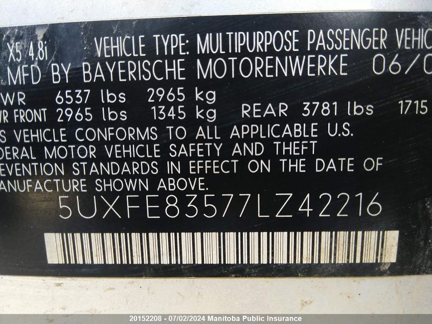 2007 BMW X5 4.8I VIN: 5UXFE83577LZ42216 Lot: 20152208