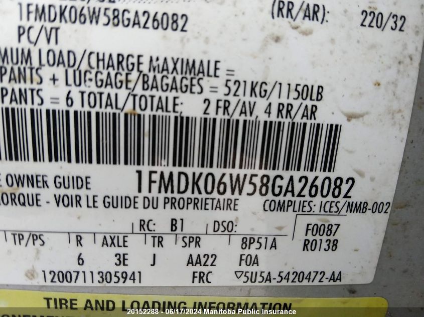 2008 Ford Taurus X Limited VIN: 1FMDK06W58GA26082 Lot: 20152288