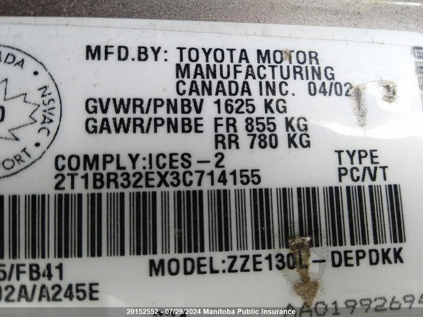 2003 Toyota Corolla Ce VIN: 2T1BR32EX3C714155 Lot: 20152552