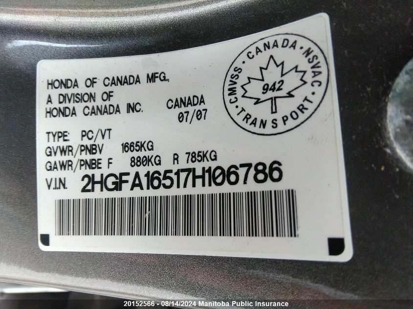 2007 Honda Civic Lx VIN: 2HGFA16517H106786 Lot: 20152566