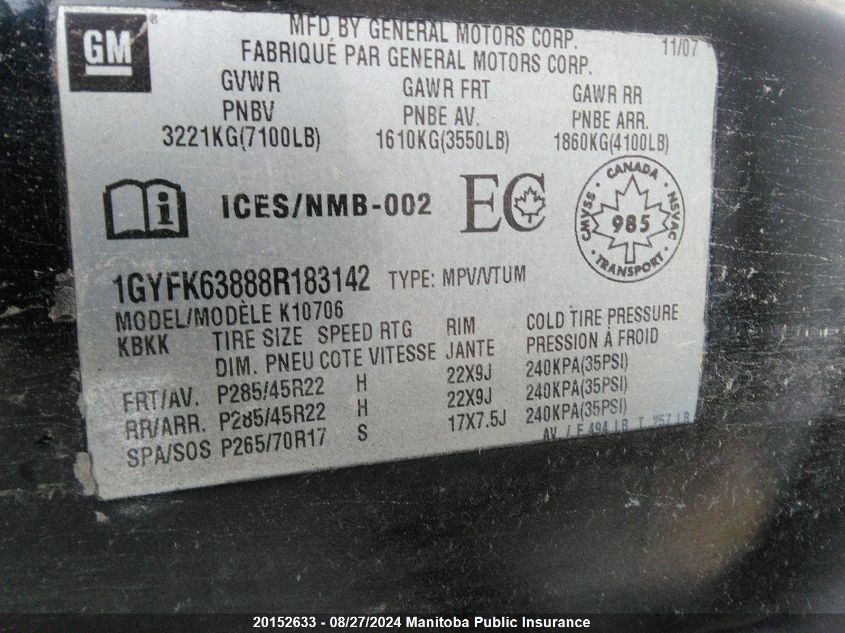 2008 Cadillac Escalade VIN: 1GYFK63888R183142 Lot: 20152633