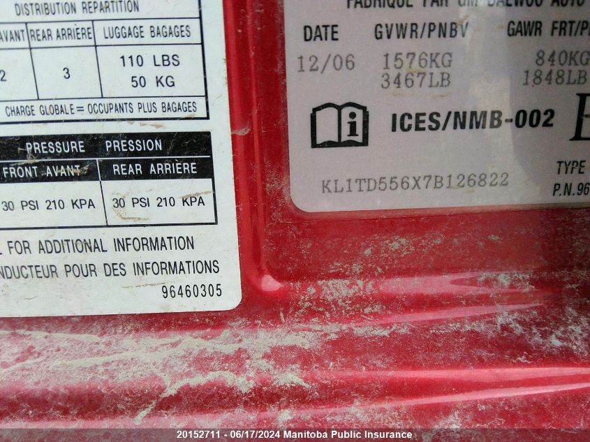 2007 Chevrolet Aveo Ls VIN: KL1TD556X7B126822 Lot: 20152711