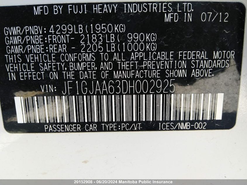 2013 Subaru Impreza 2.0I VIN: JF1GJAA63DH002925 Lot: 20152908