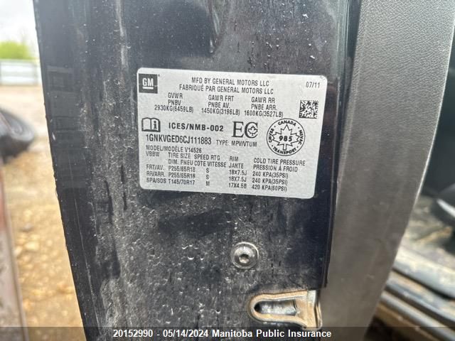 2012 Chevrolet Traverse Lt VIN: 1GNKVGED6CJ111883 Lot: 20152990