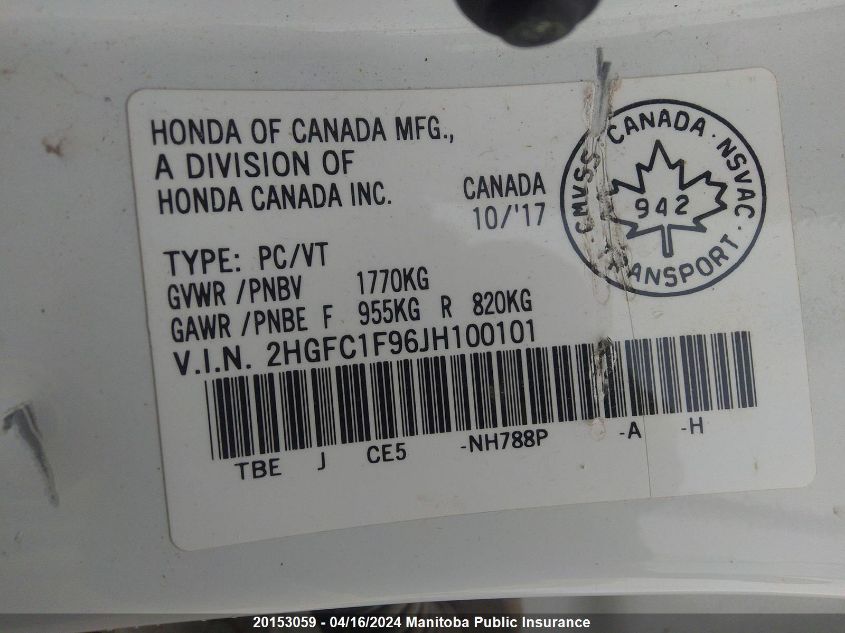 2018 Honda Civic Touring VIN: 2HGFC1F96JH100101 Lot: 20153059