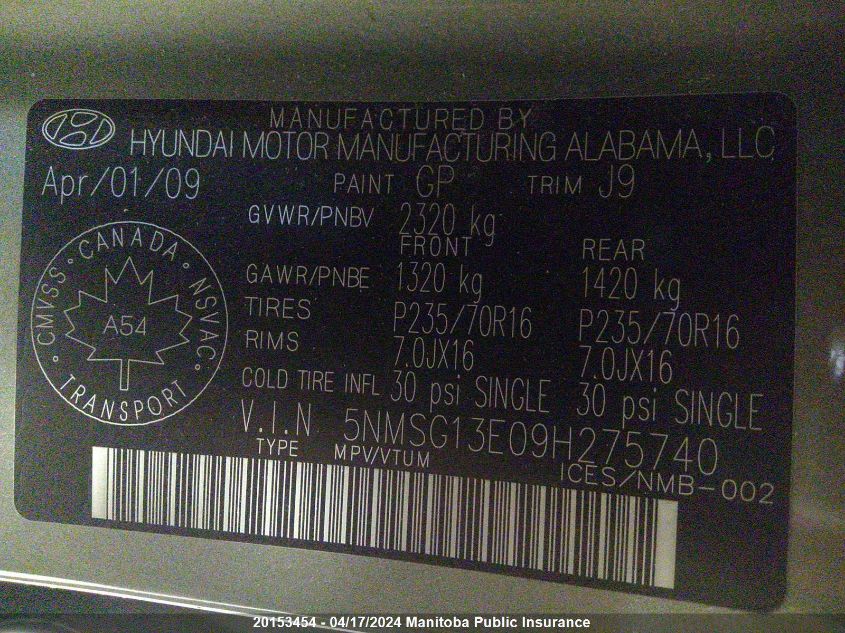 2009 Hyundai Santa Fe Gl VIN: 5NMSG13E09H275740 Lot: 20153454