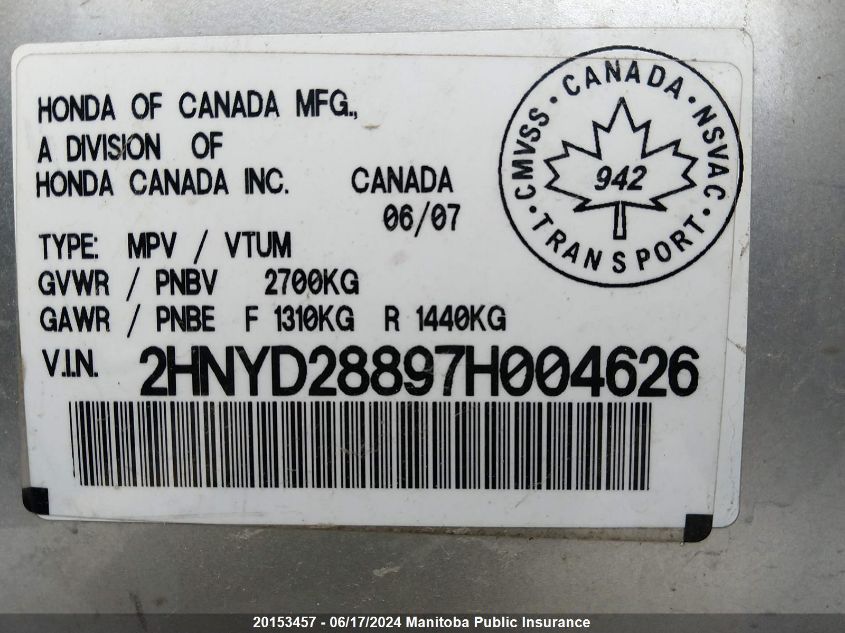 2007 Acura Mdx Elite VIN: 2HNYD28897H004626 Lot: 20153457