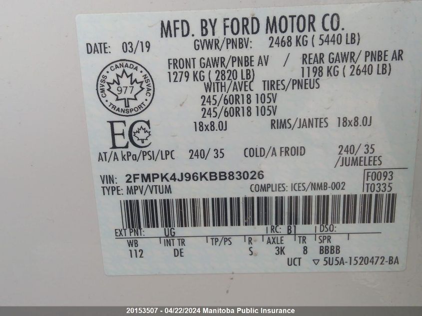 2019 Ford Edge Sel VIN: 2FMPK4J96KBB83026 Lot: 39241739