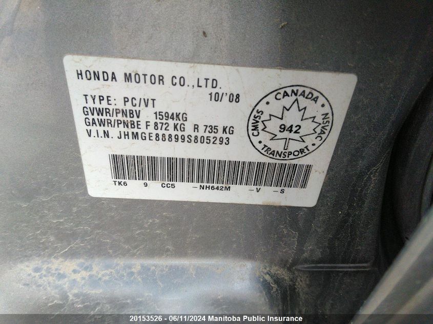 2009 Honda Fit Sport VIN: JHMGE88899S805293 Lot: 20153526