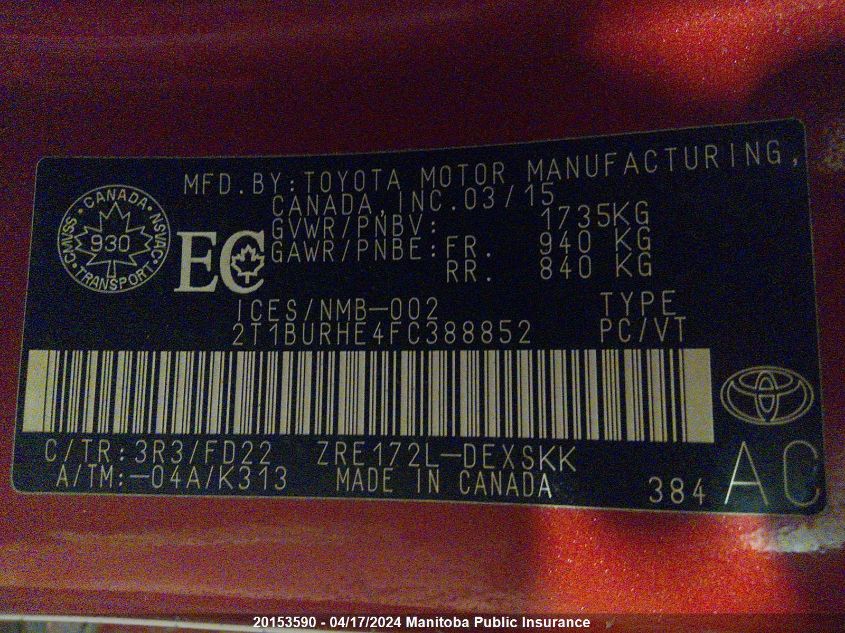 2015 Toyota Corolla S VIN: 2T1BURHE4FC388852 Lot: 20153590