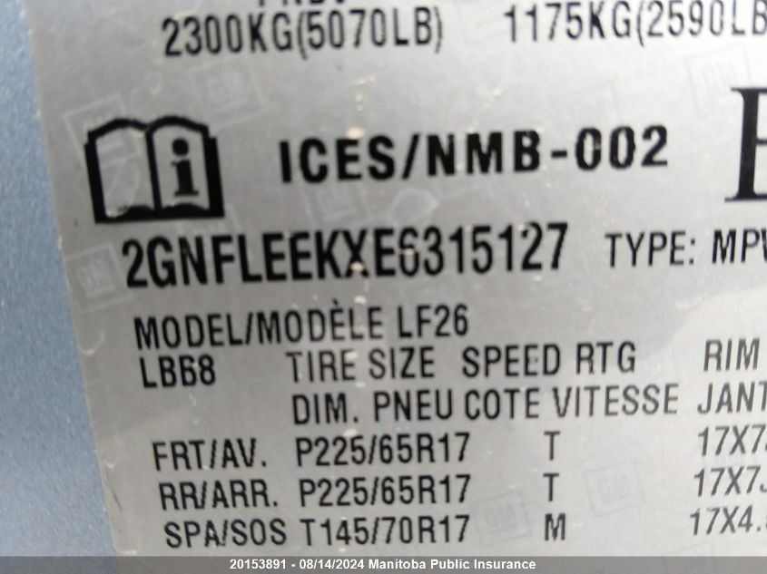 2014 Chevrolet Equinox Ls VIN: 2GNFLEEKXE6315127 Lot: 20153891