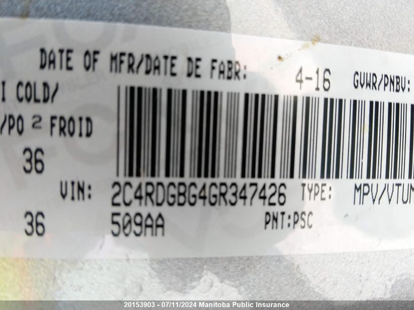 2016 Dodge Grand Caravan Se VIN: 2C4RDGBG4GR347426 Lot: 20153903
